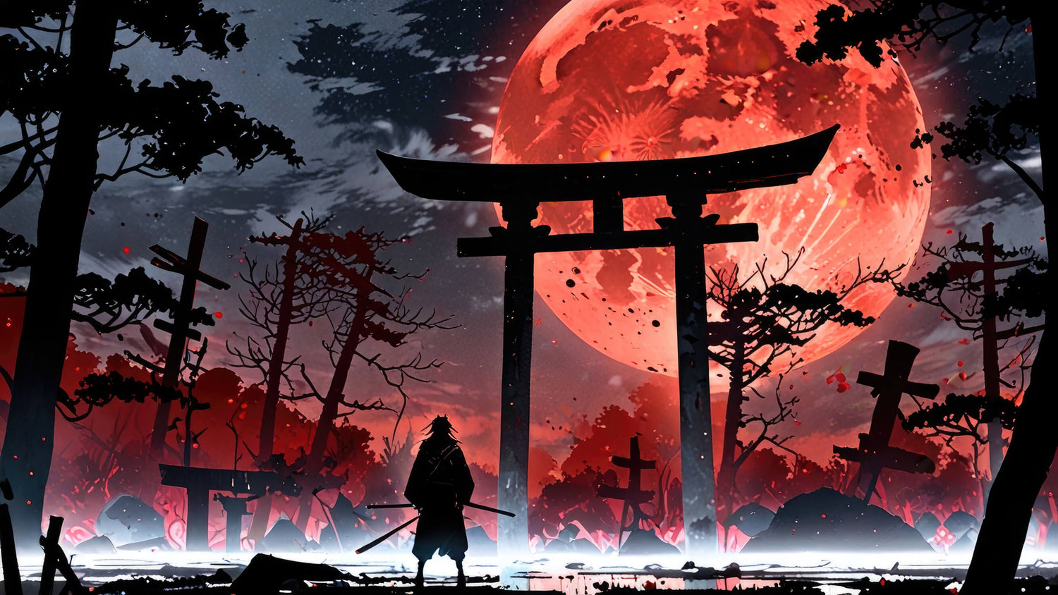 Japanese red moon and torii gate design file showing detailed artwork pattern