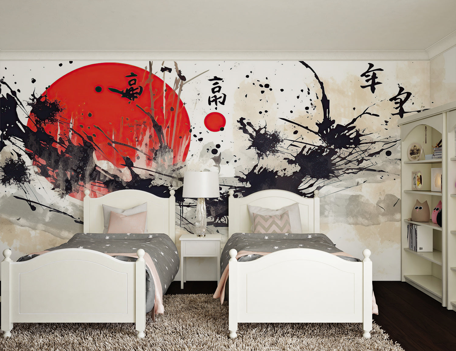 Japanese calligraphy wall mural in Asian-inspired dining room