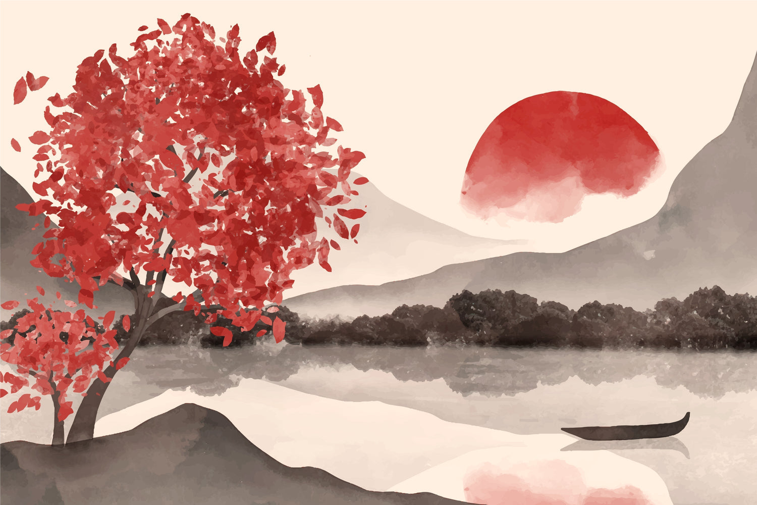 Japanese landscape design file showing detailed red tree against misty mountain backdrop