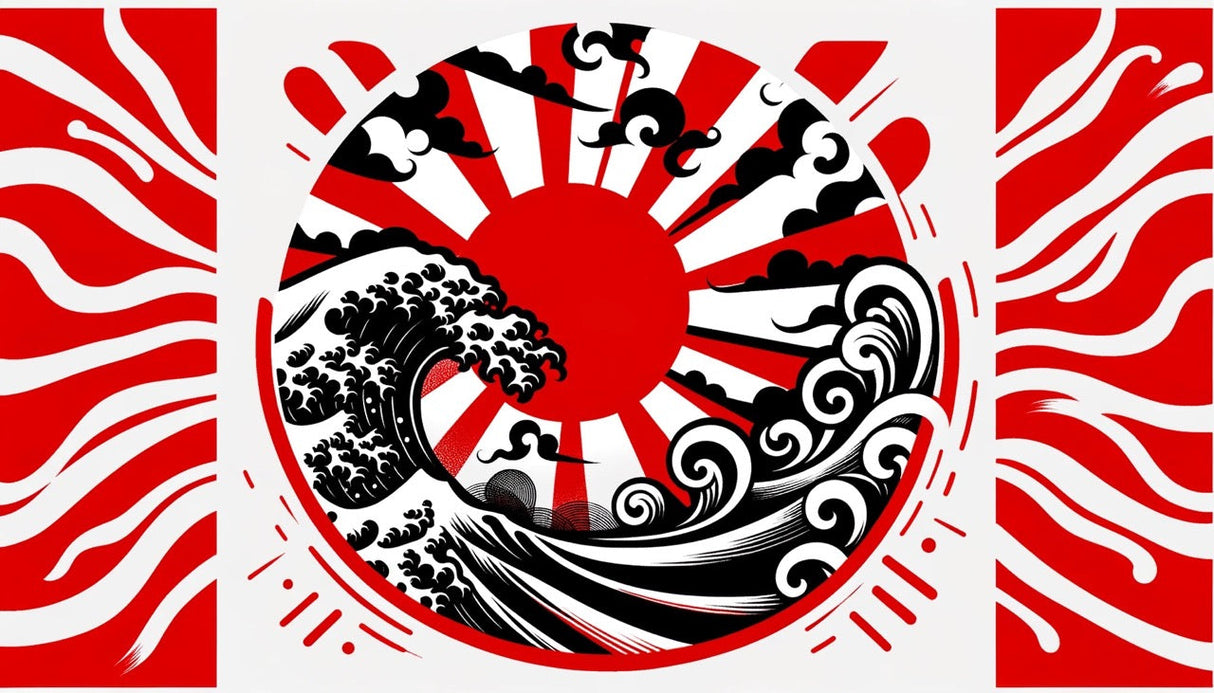 Japanese wave wallpaper with red rising sun creates dramatic effect in modern minimalist living room