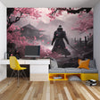 Japanese samurai wallpaper creating depth in modern living room with minimalist furniture