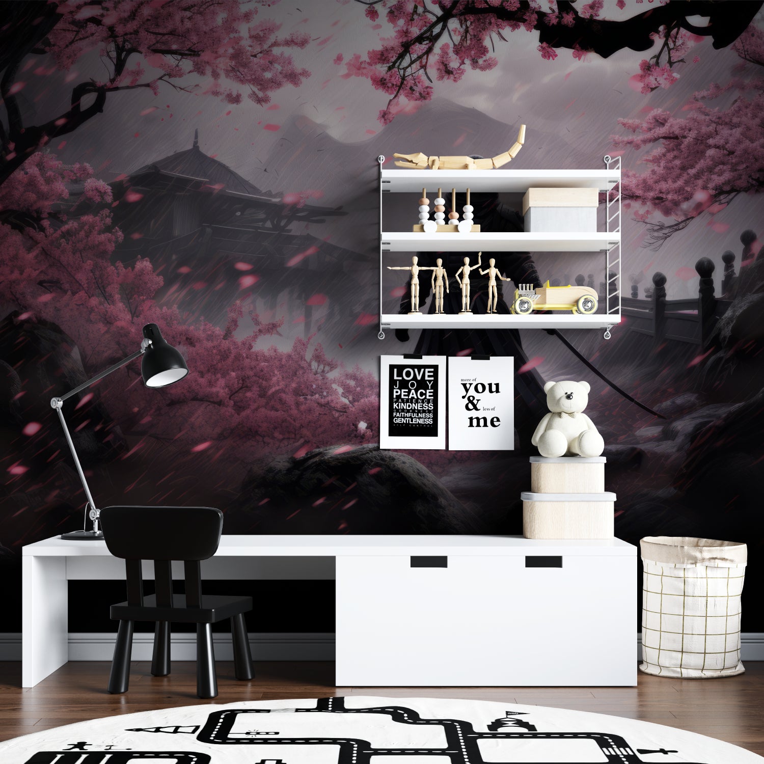 Cherry blossom wall mural adding zen feel to master bedroom with dark furniture