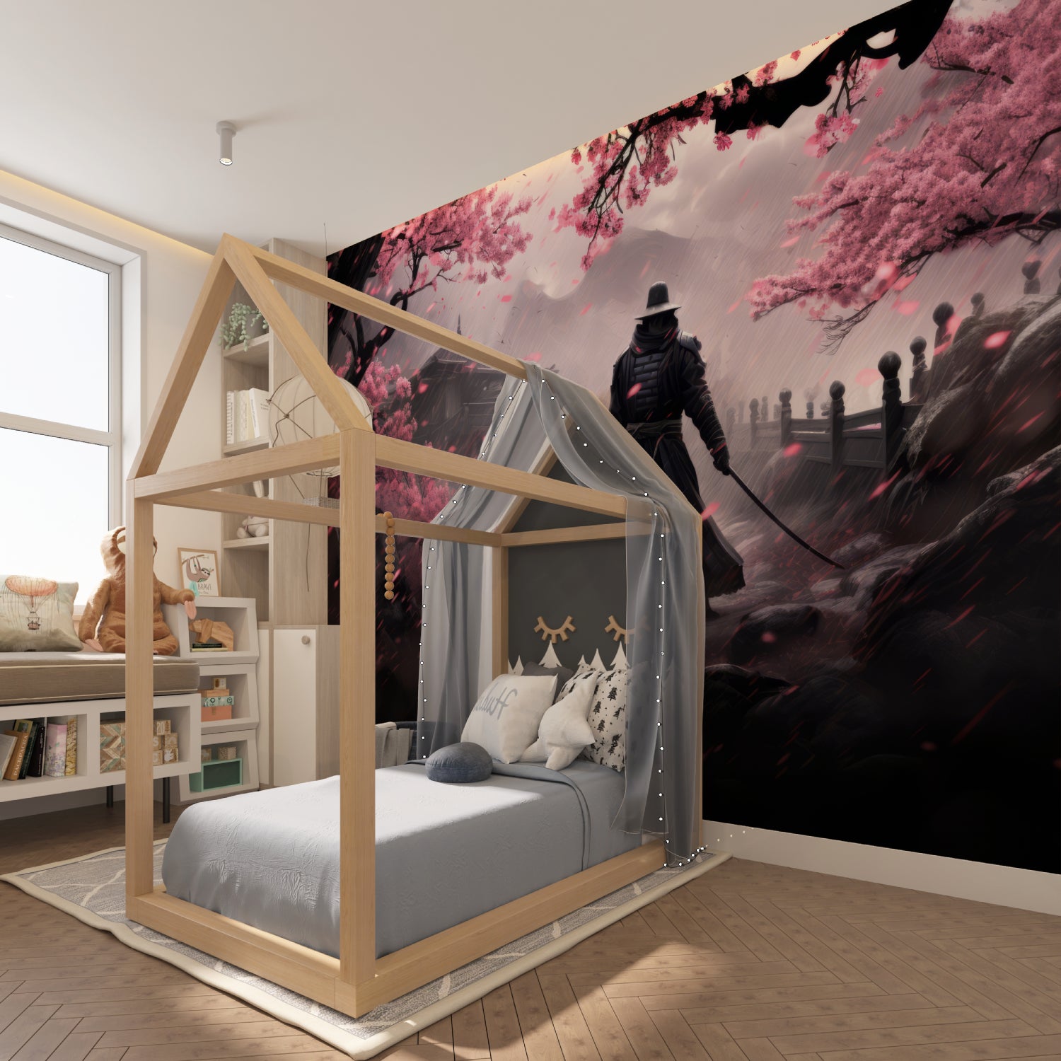 Japanese warrior wallpaper making statement in home office with wooden desk