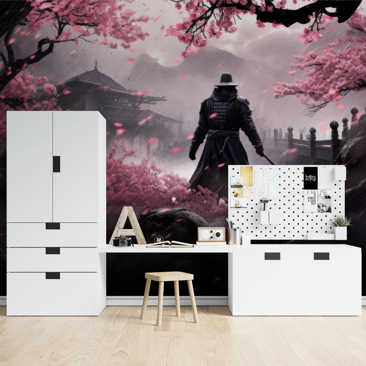Samurai wall art transforming dining room with pink cherry blossoms