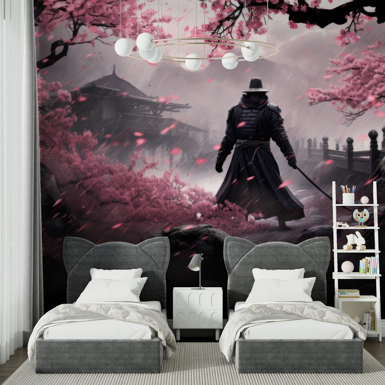 Japanese temple mural creating atmosphere in meditation room corner