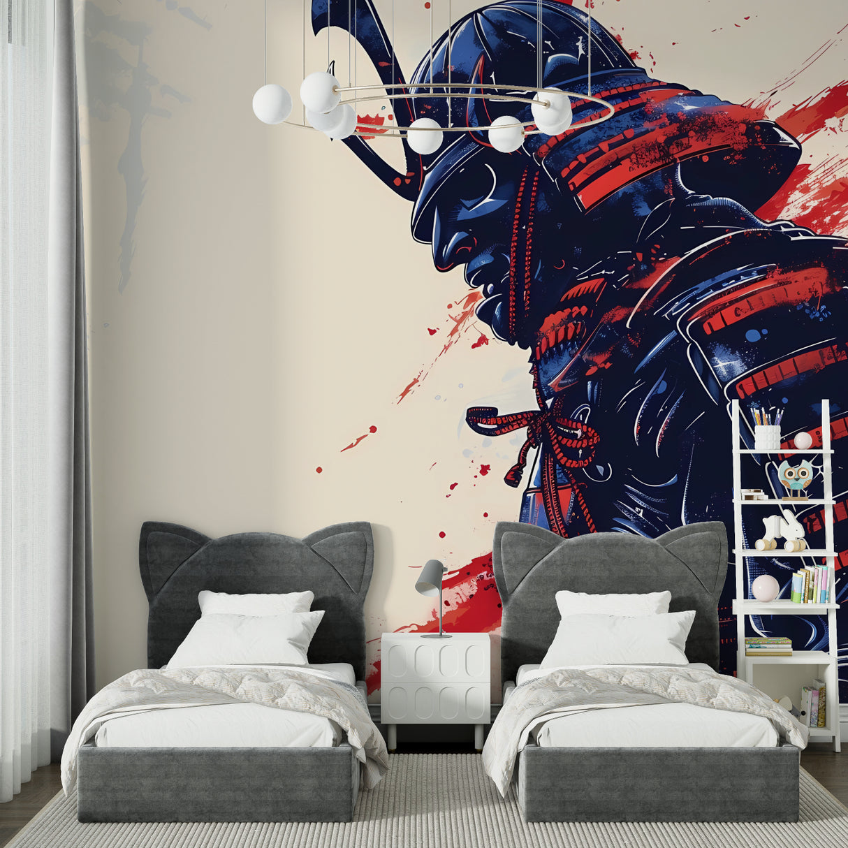 Japanese Samurai Wallpaper creating dramatic impact in modern living room with blue and red accents