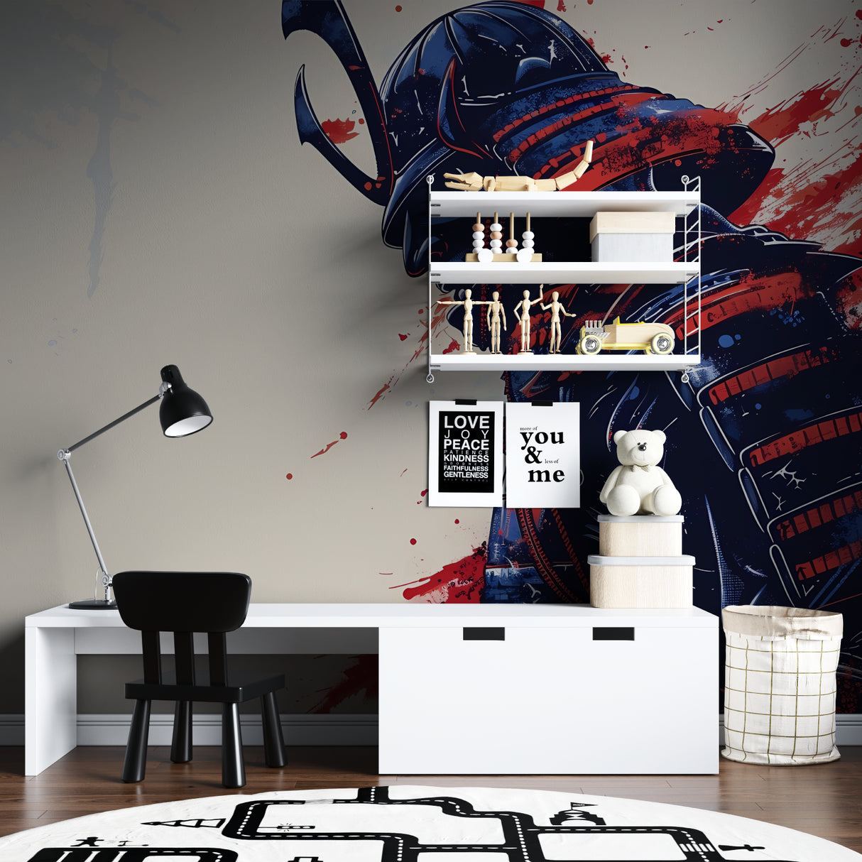 Samurai Warrior Mural displayed in gaming room with ambient lighting