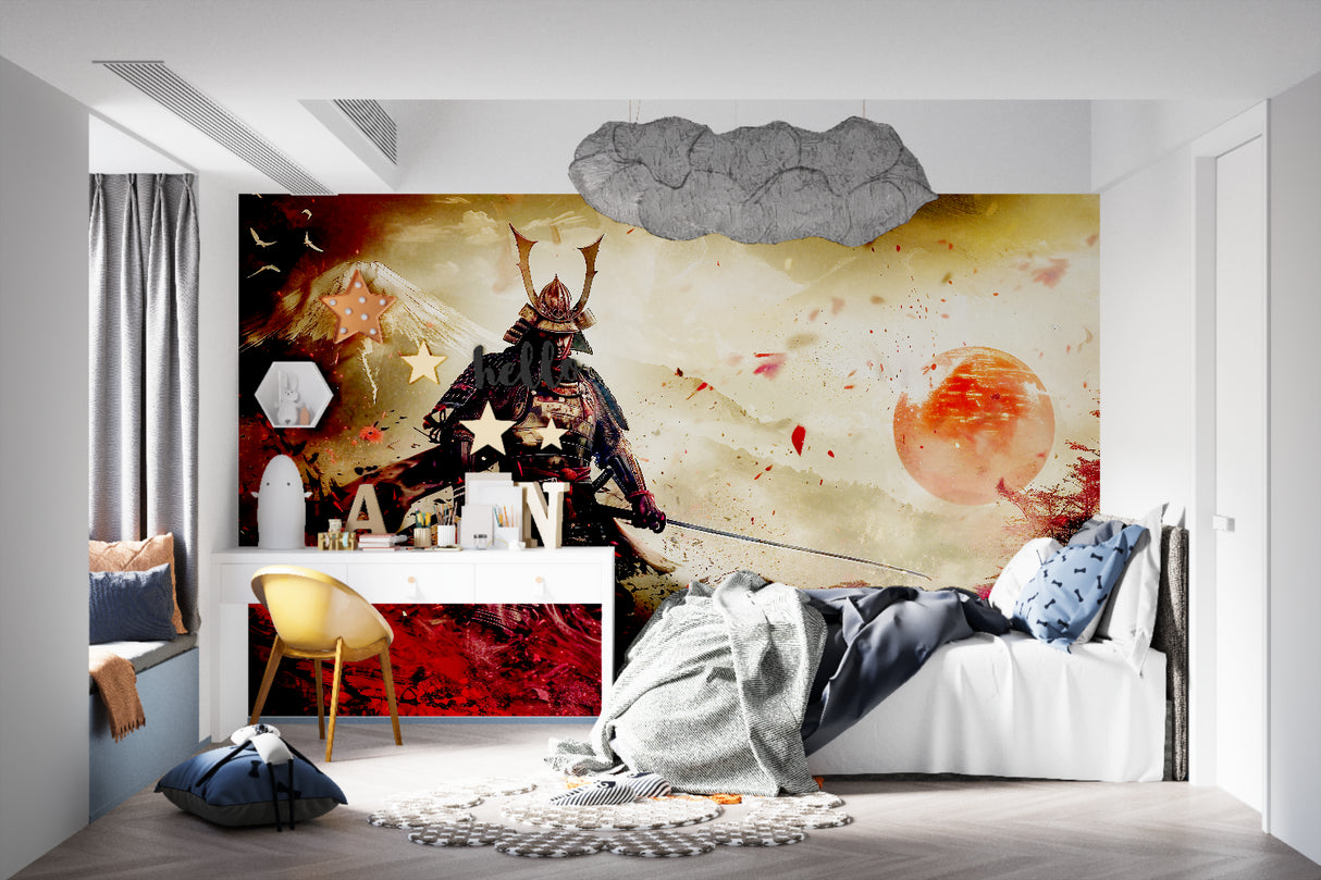 Samurai wall mural in home office showing scale and impact of warrior silhouette against golden sky