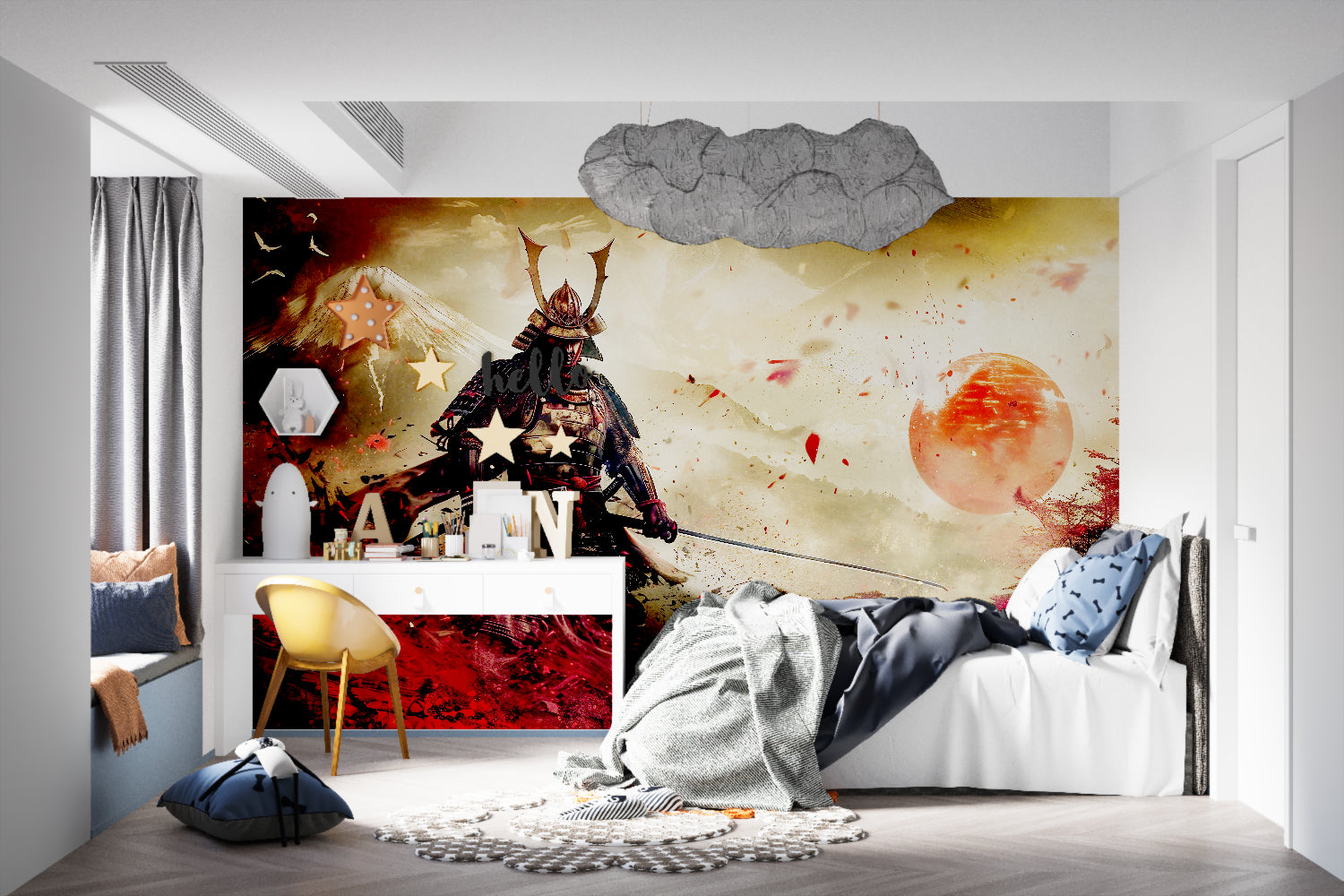 Samurai wall mural in home office showing scale and impact of warrior silhouette against golden sky