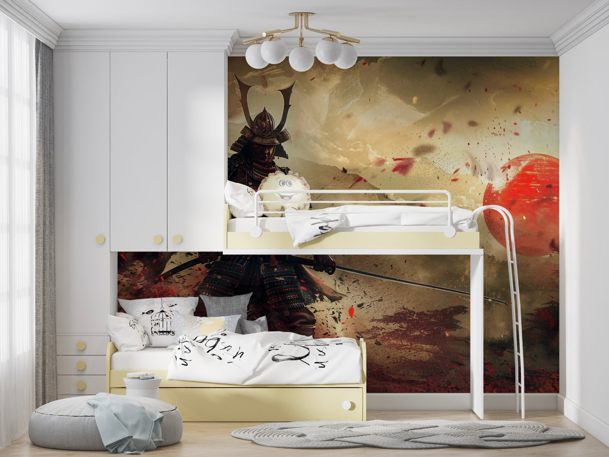 Japanese warrior wallpaper in dining room with cherry blossoms and dramatic lighting effects