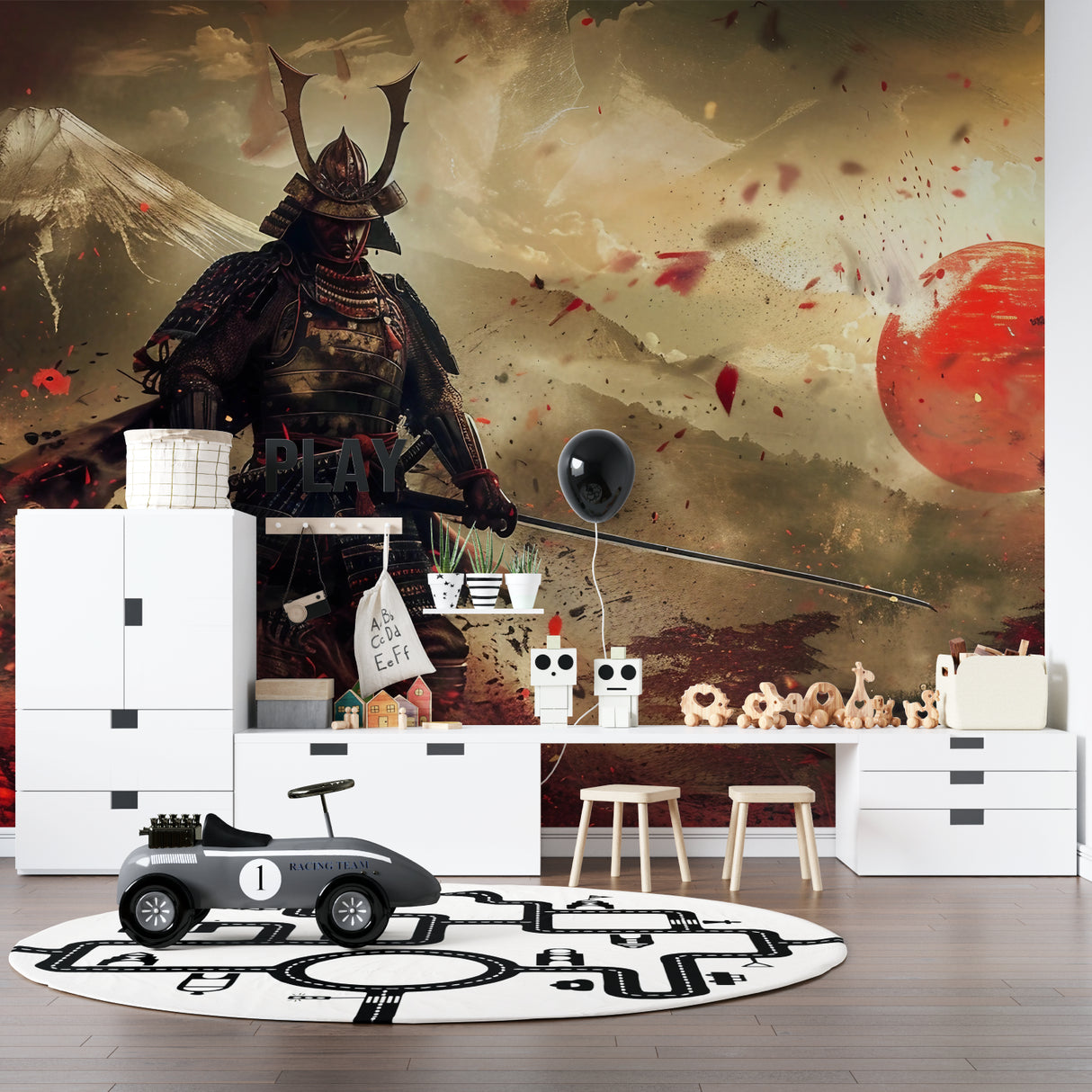 Samurai mural wallpaper in bedroom showing full wall application with red sun and Mount Fuji
