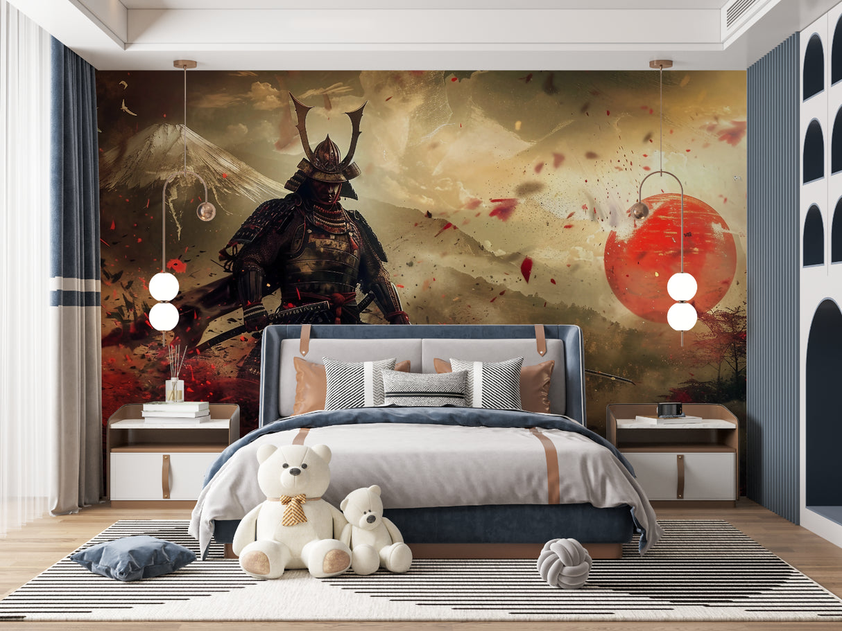 Asian warrior wall art in gaming room highlighting detailed armor and dramatic composition