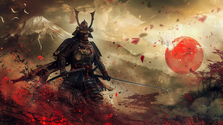Japanese Samurai Warrior design file showing detailed pattern with red sun and cherry blossoms
