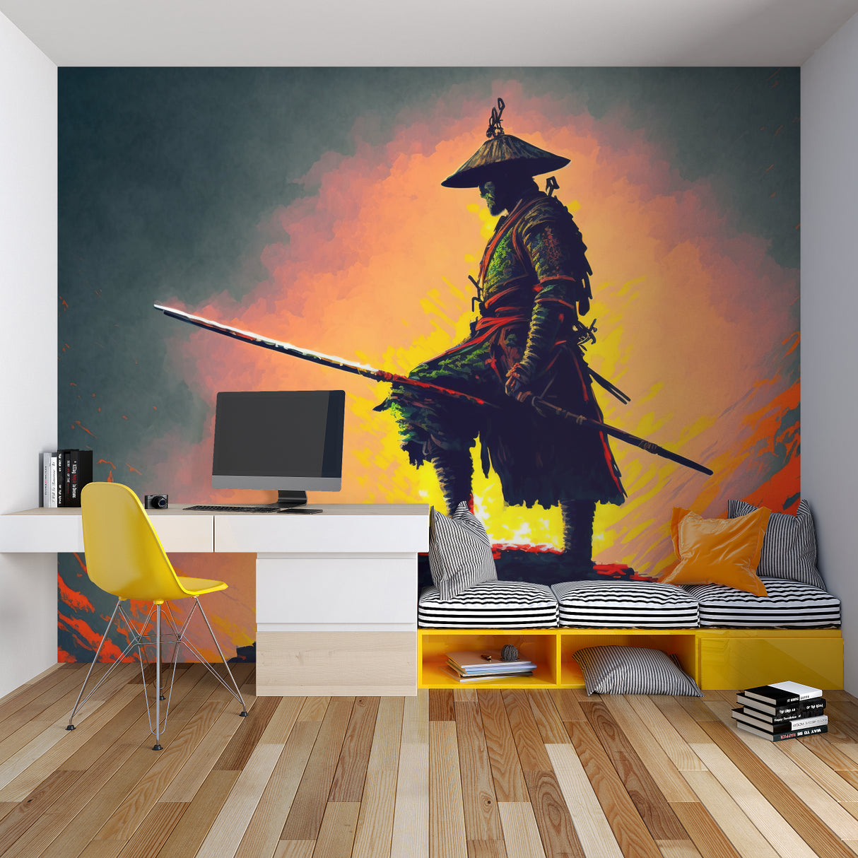 Samurai Warrior Mural creating drama in a home office setting