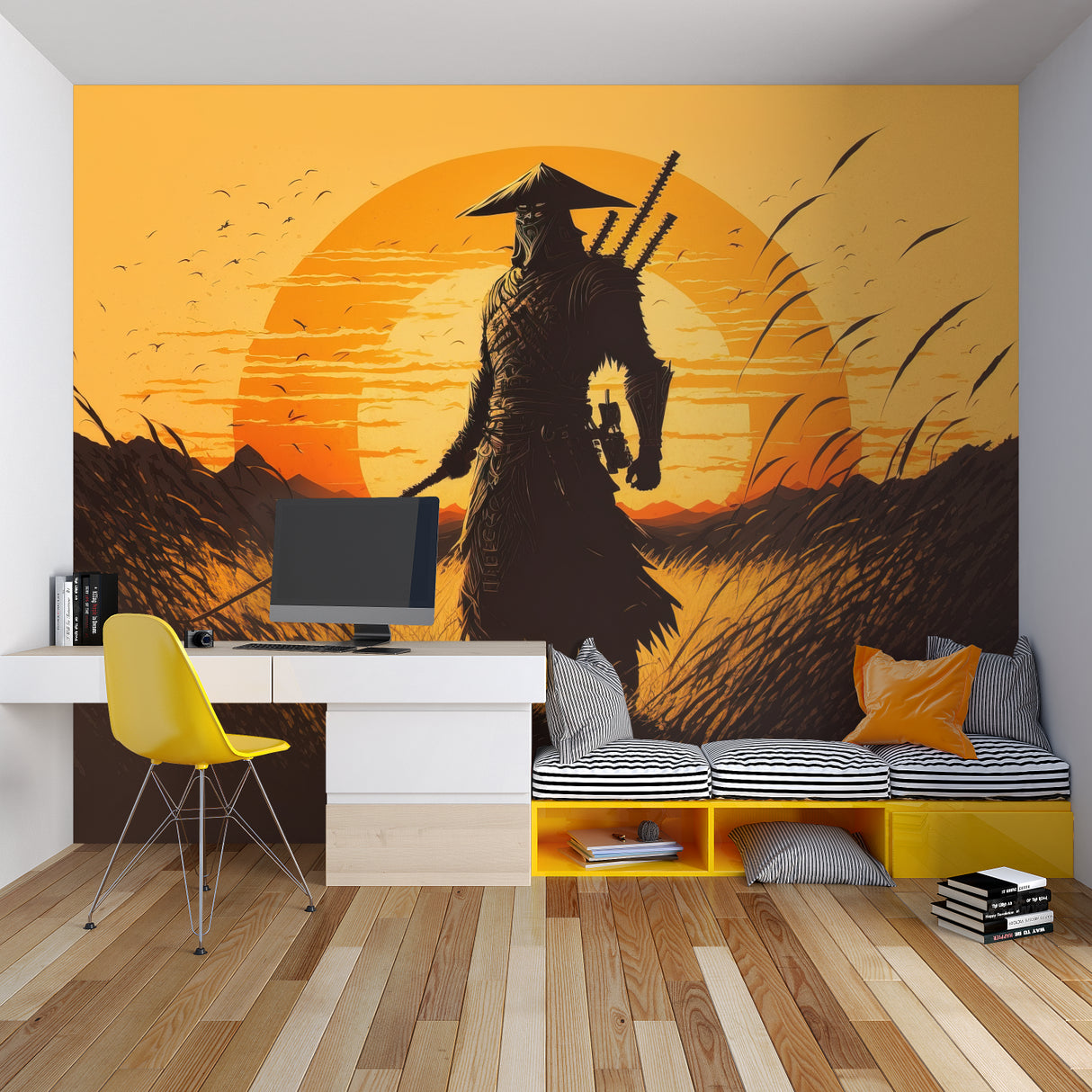 Samurai warrior mural in gaming room setup with dramatic lighting effects