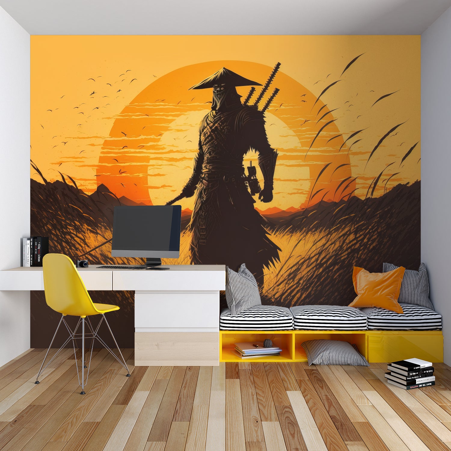 Samurai warrior mural in gaming room setup with dramatic lighting effects