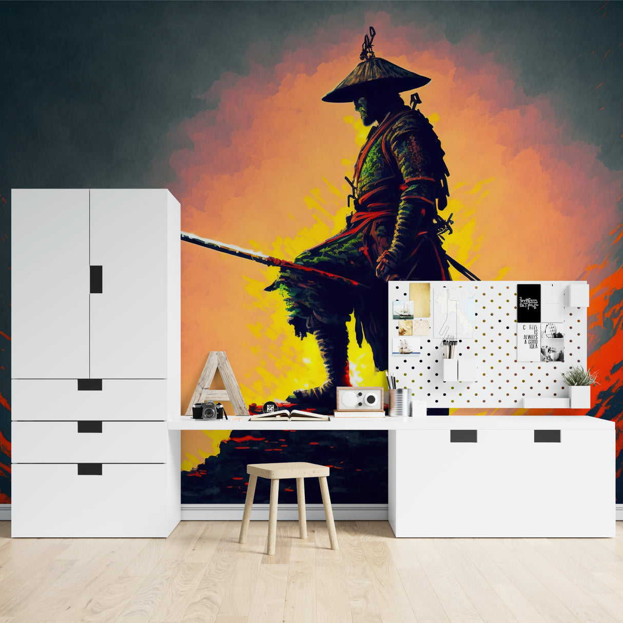 Japanese Warrior Wallpaper displayed in a gaming room with ambient lighting