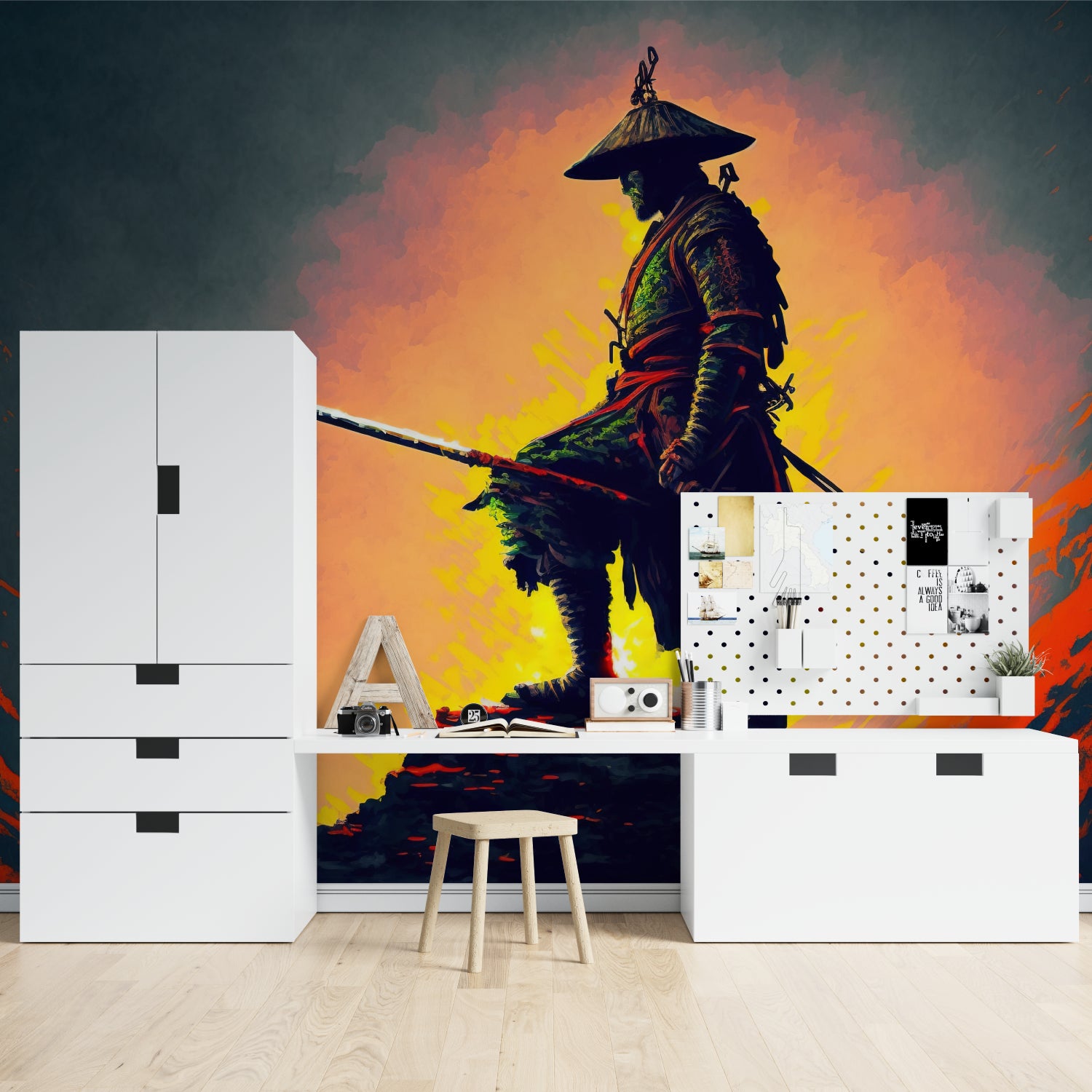 Japanese Warrior Wallpaper displayed in a gaming room with ambient lighting