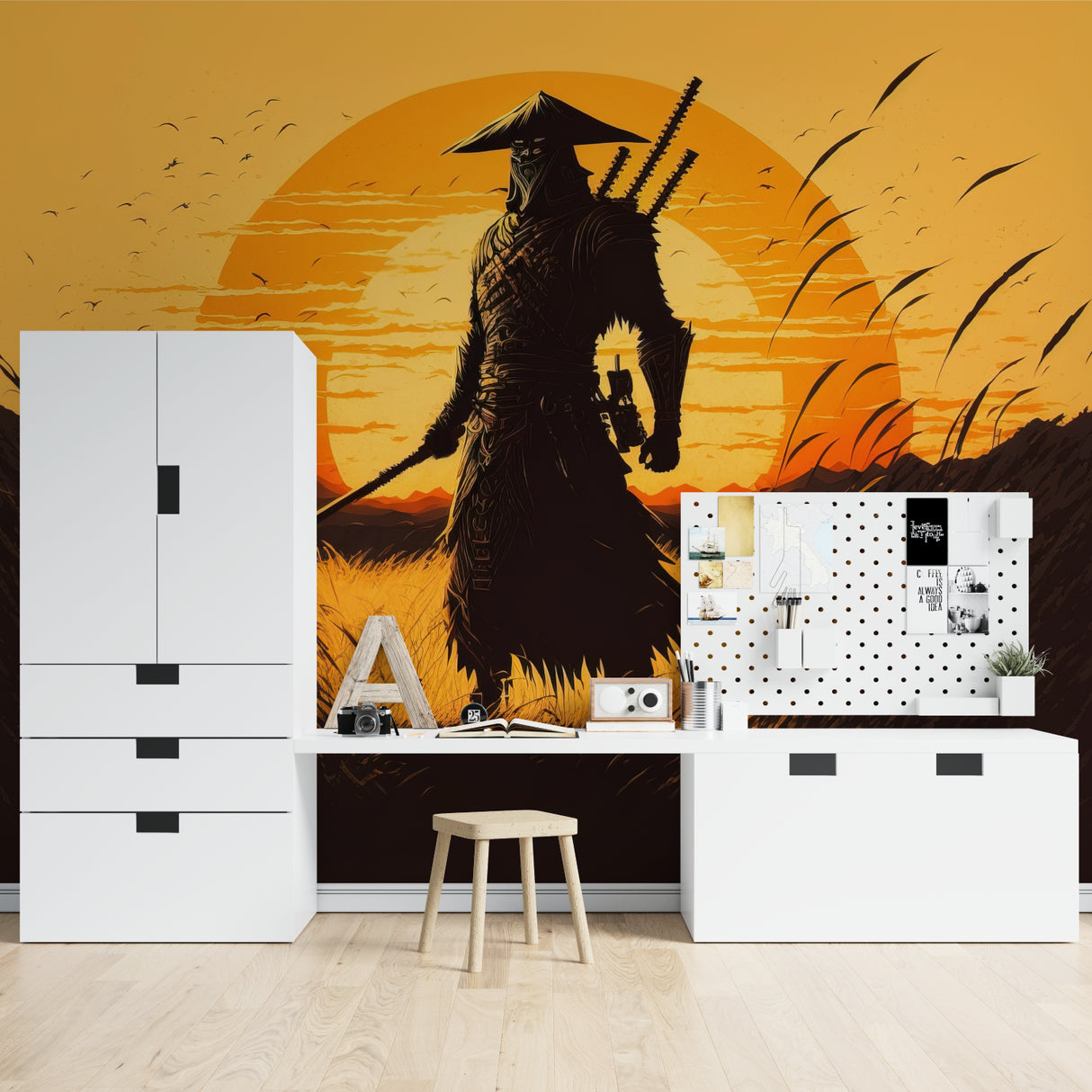 Japanese warrior wallpaper in home office showing scale and impact