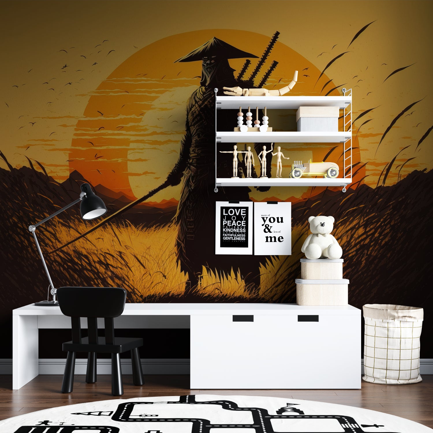 Oriental sunset mural in meditation room with zen decoration
