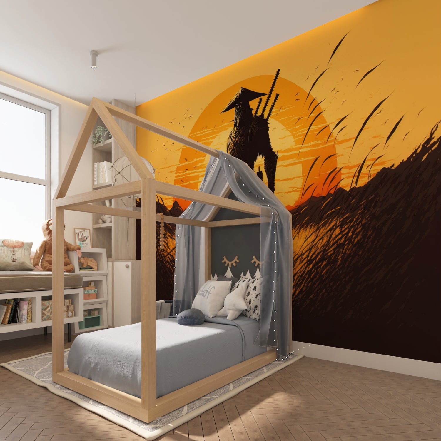 Japanese themed bedroom with samurai sunset wallpaper creating cozy atmosphere