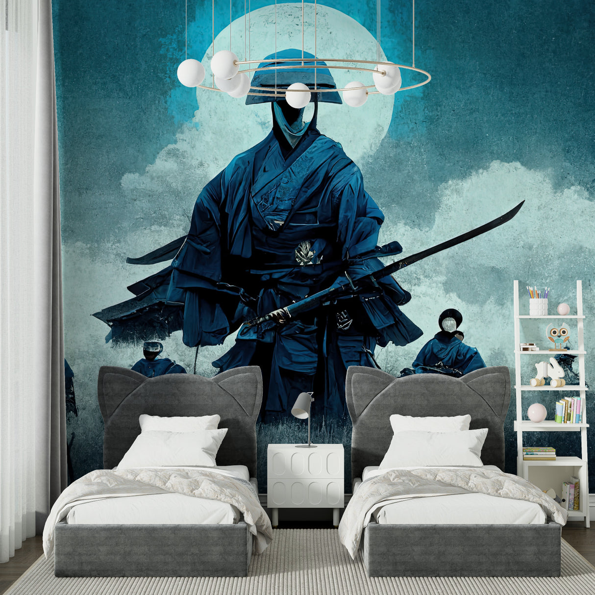 Japanese samurai wallpaper styled in modern minimalist living room with grey sofa and wooden accents