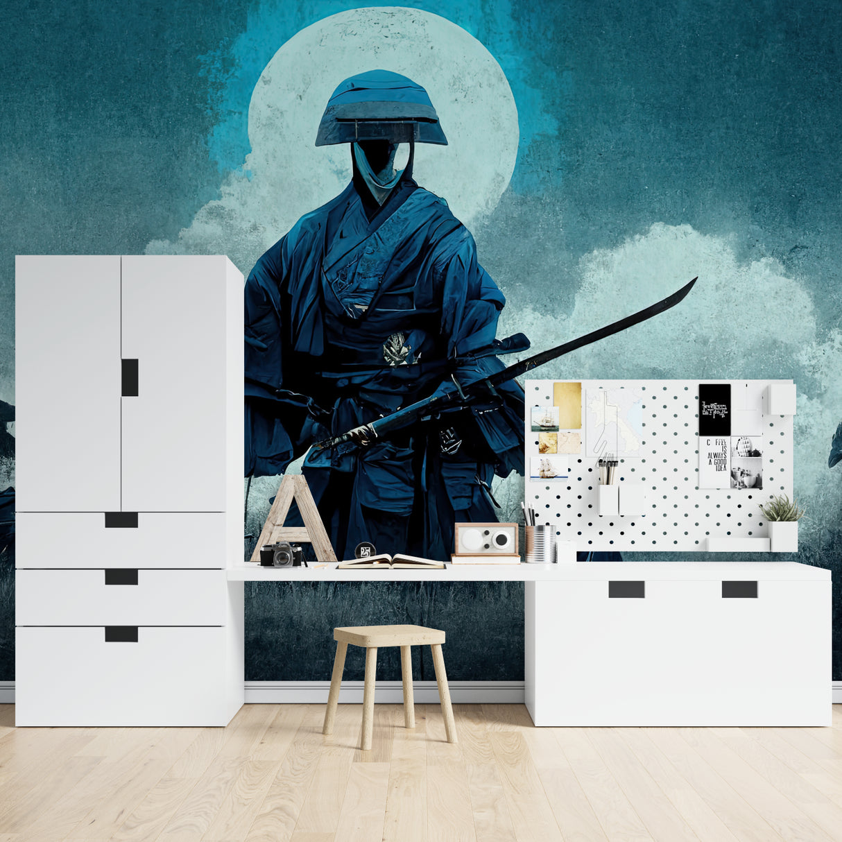 Samurai warrior mural in home office setting with desk and ambient lighting