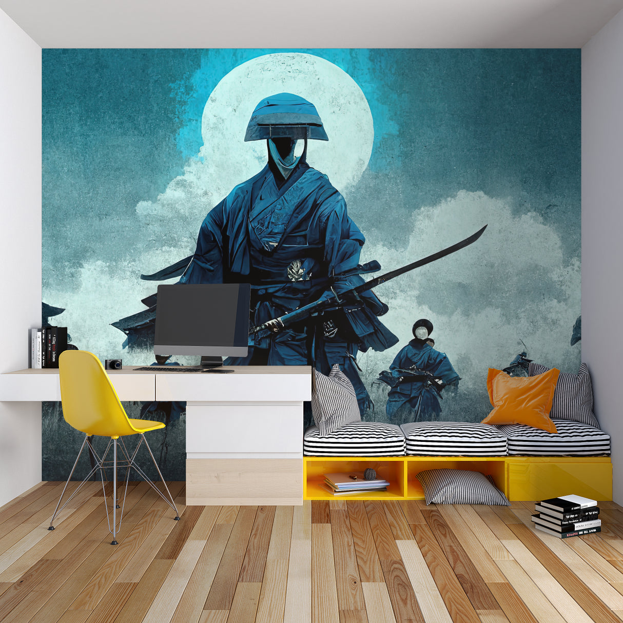 Japanese warrior wallpaper showcased in meditation room with floor cushions
