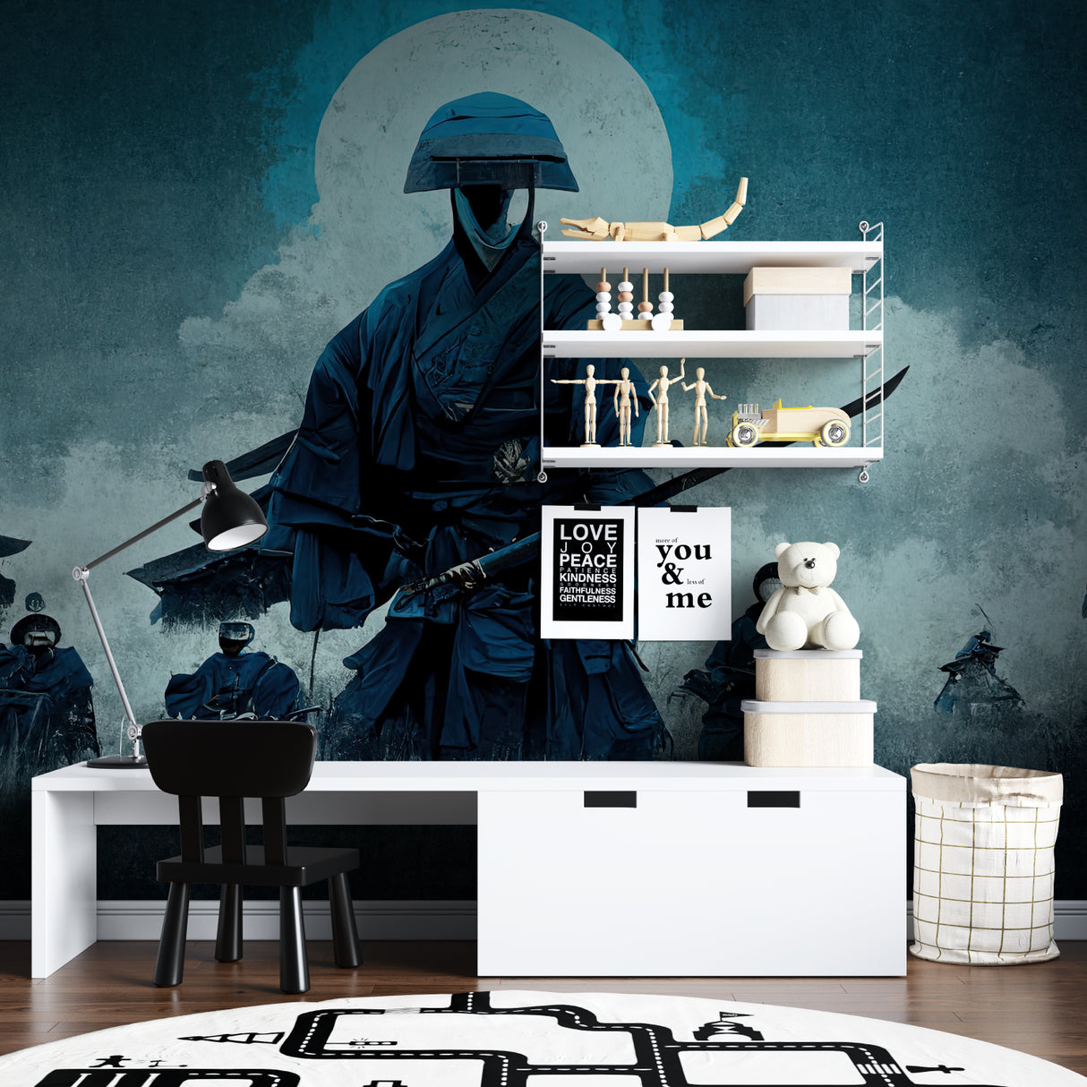 Moonlit samurai mural featured in contemporary bedroom with minimal furniture
