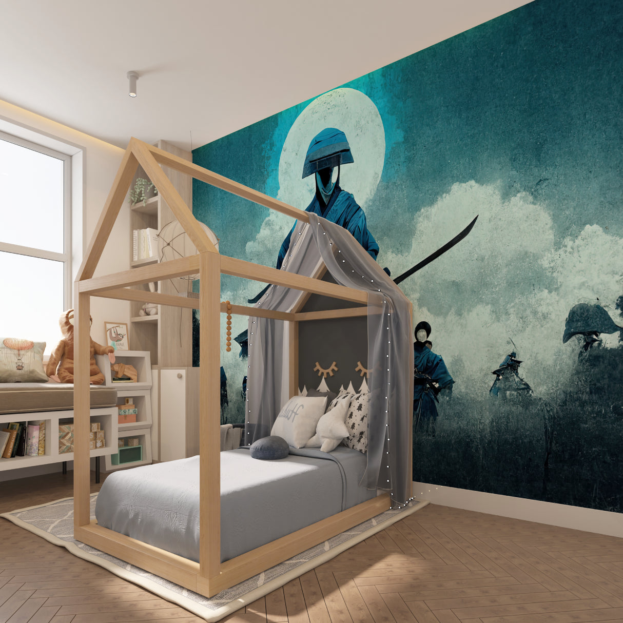 Japanese wall mural in dining room with modern Asian-inspired decor