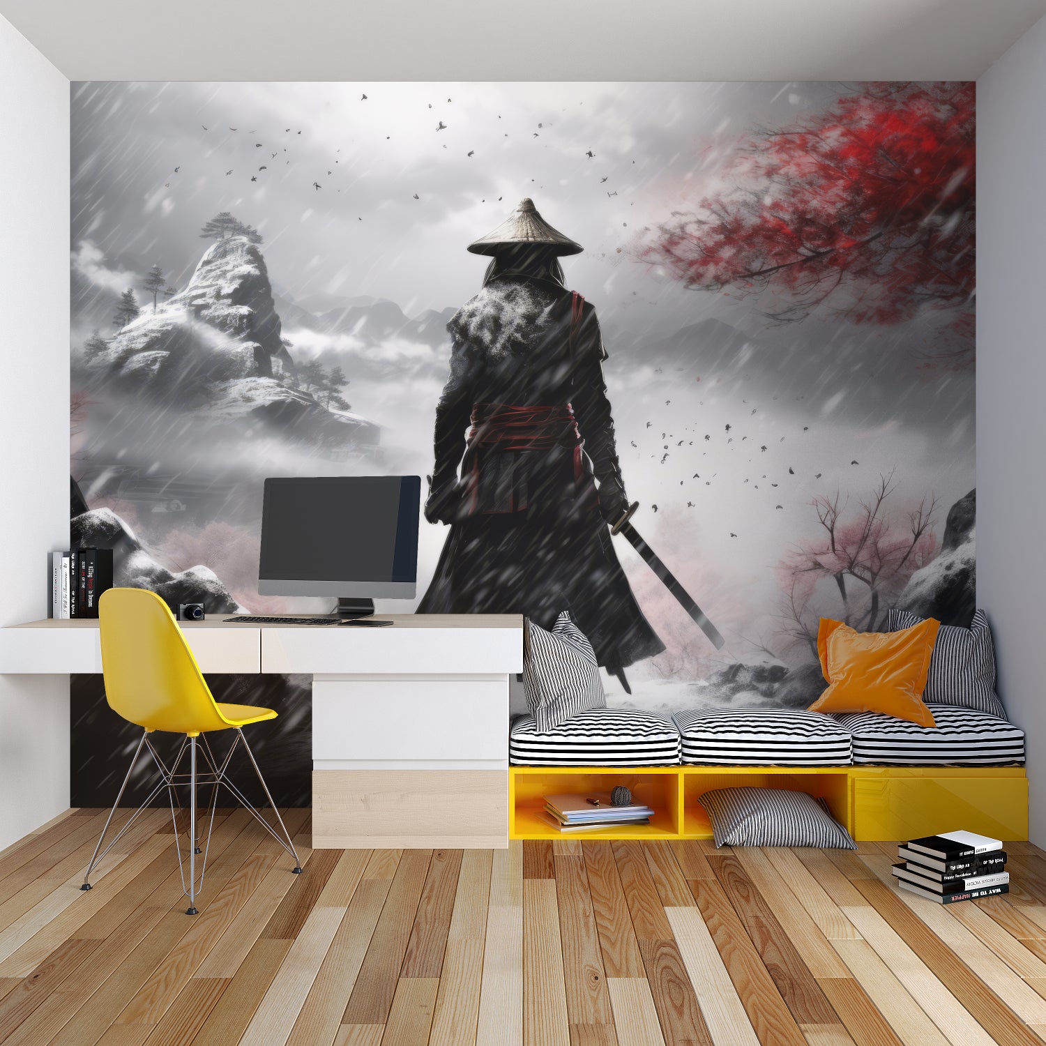 Japanese warrior wallpaper creating dramatic impact in modern living room with gray sofa and minimal decor