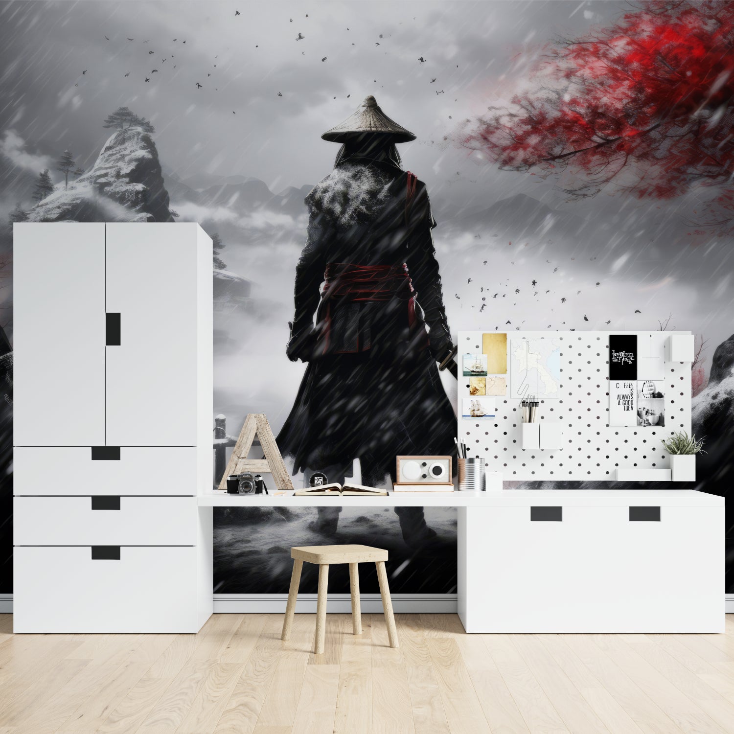 Japanese mural enhancing bedroom wall with dramatic storm and maple leaves design