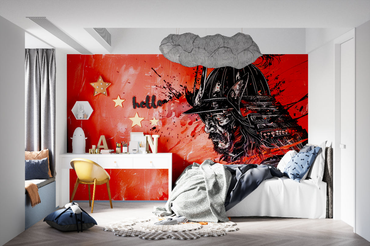 Japanese warrior wallpaper creating dramatic impact in modern living room with red and black design