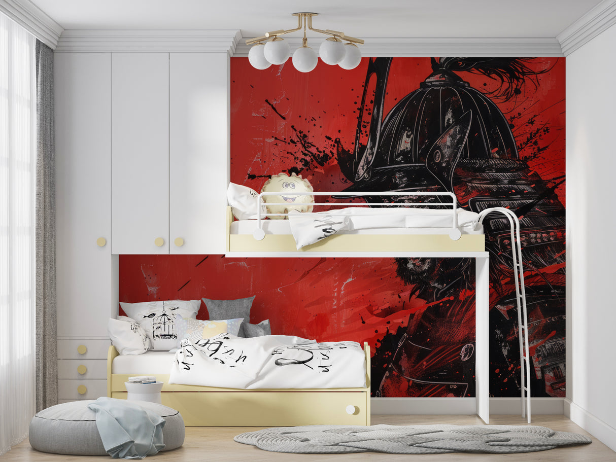 Samurai wall mural displayed in minimalist home office showing scale and dramatic effect