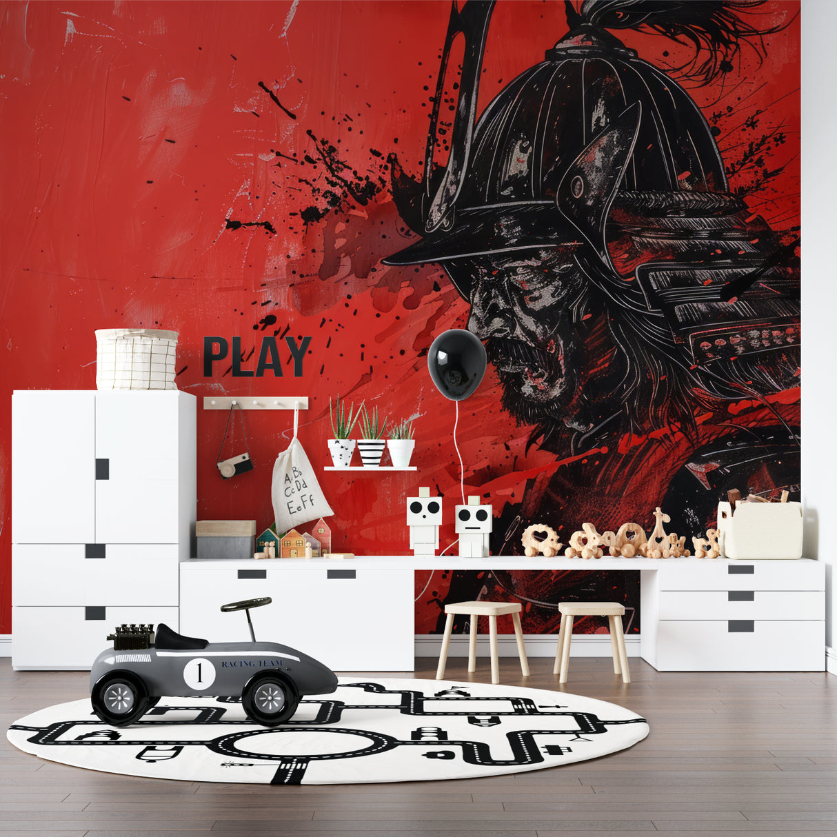 Red and black Japanese warrior design adding bold character to dining room space