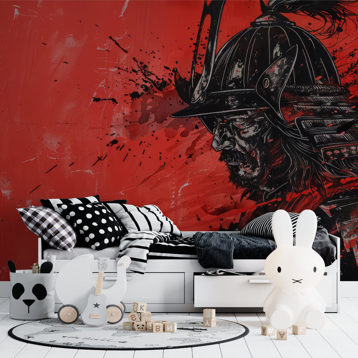 Samurai wallpaper creating striking atmosphere in contemporary bedroom setting