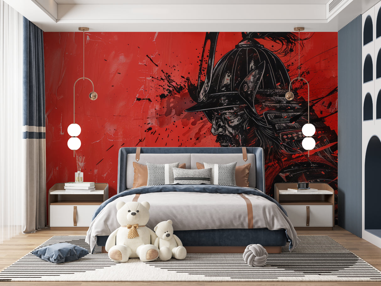 Japanese warrior mural showcasing dramatic ink effects in modern entertainment room