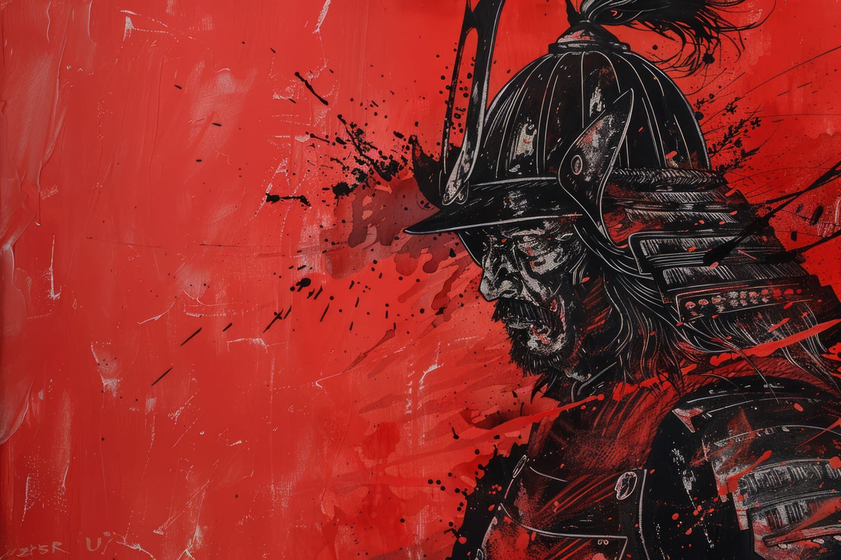 Design file of Japanese samurai warrior artwork with red and black ink effects