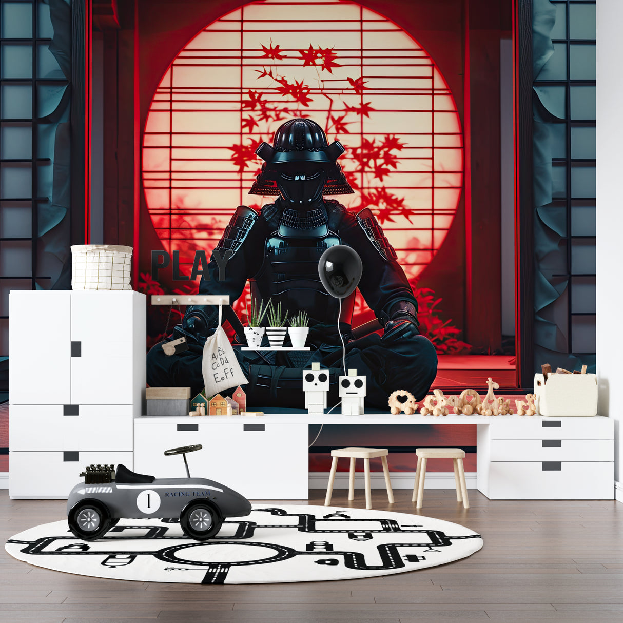 Japanese samurai wallpaper creating dramatic impact in modern living room with red moon design