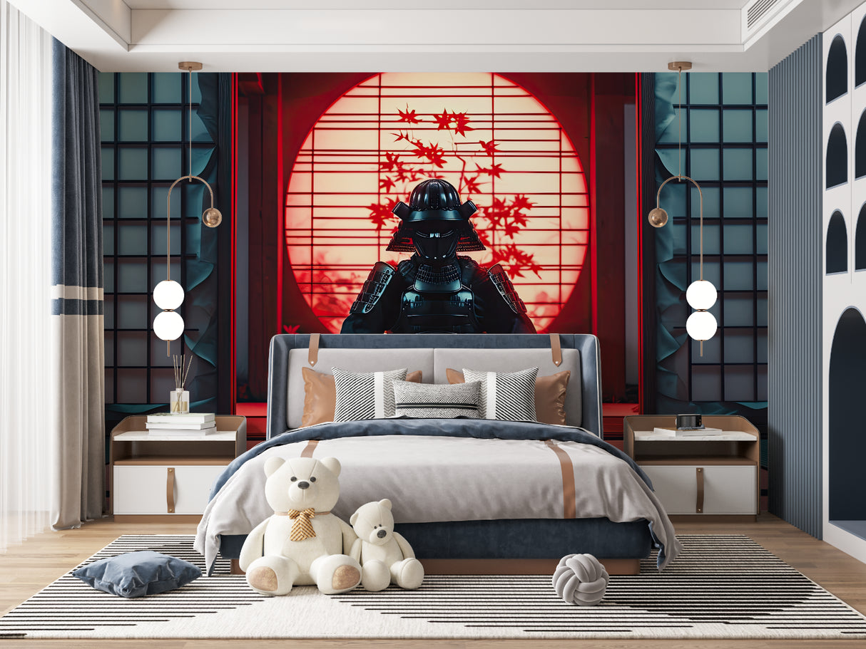 Samurai wall mural adding depth to minimalist bedroom with black and red tones