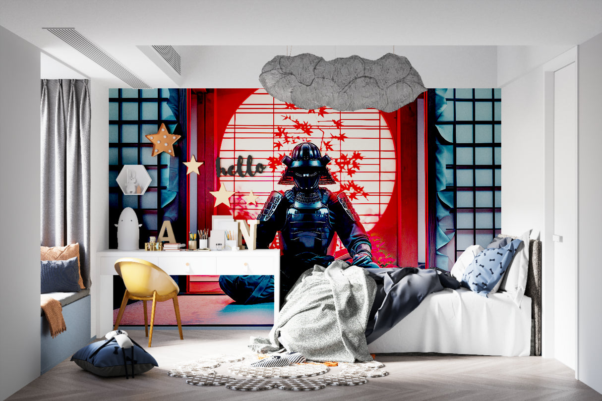 Japanese warrior wallpaper making statement in home office setting