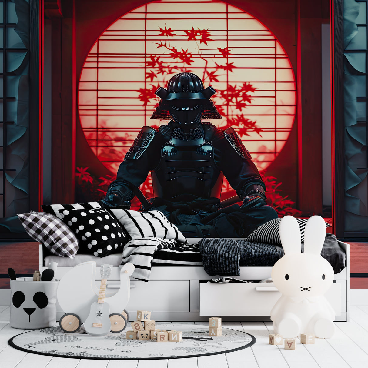 Red moon samurai design transforming modern dining room wall