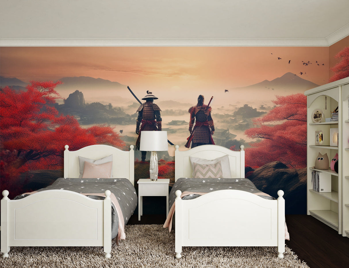 Japanese samurai wallpaper in modern living room, showing warriors against red maple trees