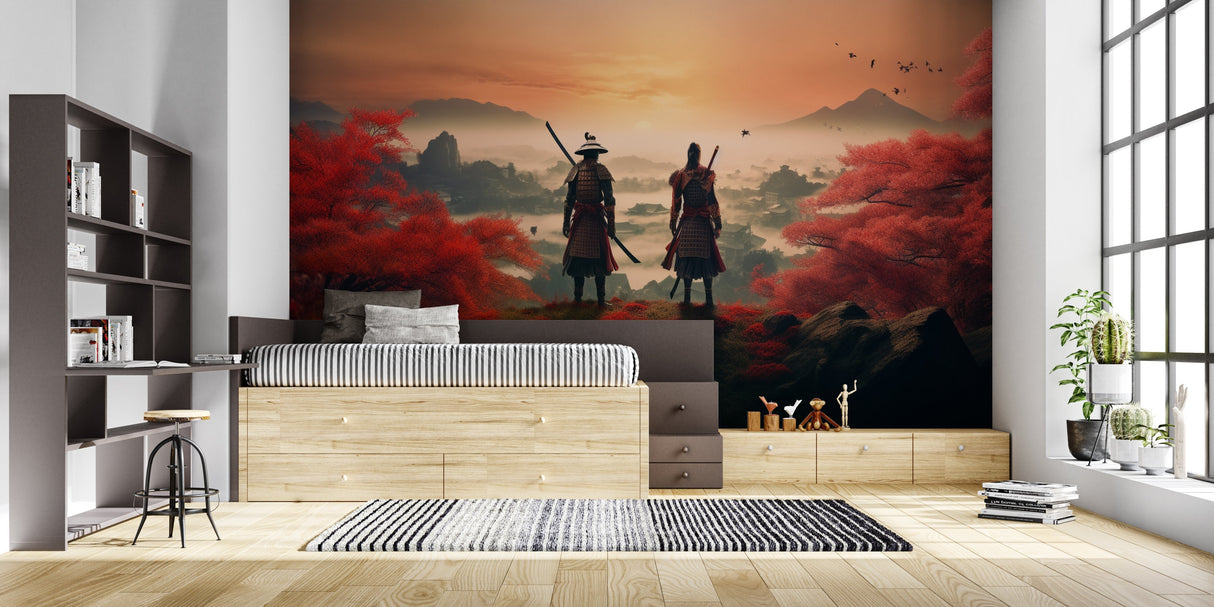 Samurai warrior wallpaper creating dramatic atmosphere in gaming room