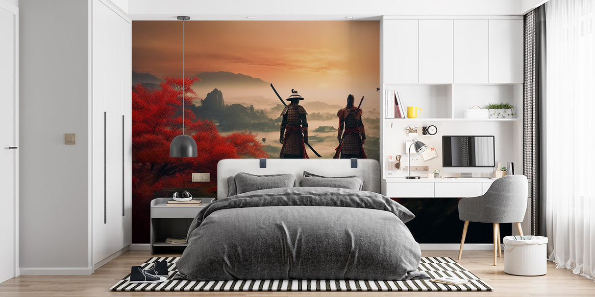 Red maple tree mural bringing warmth to bedroom setting