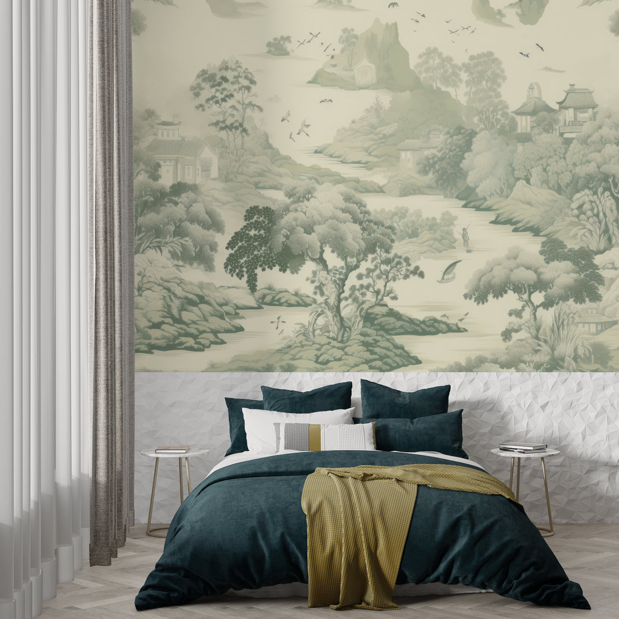 Japanese forest mural wallpaper styled in a modern minimalist living room with natural light