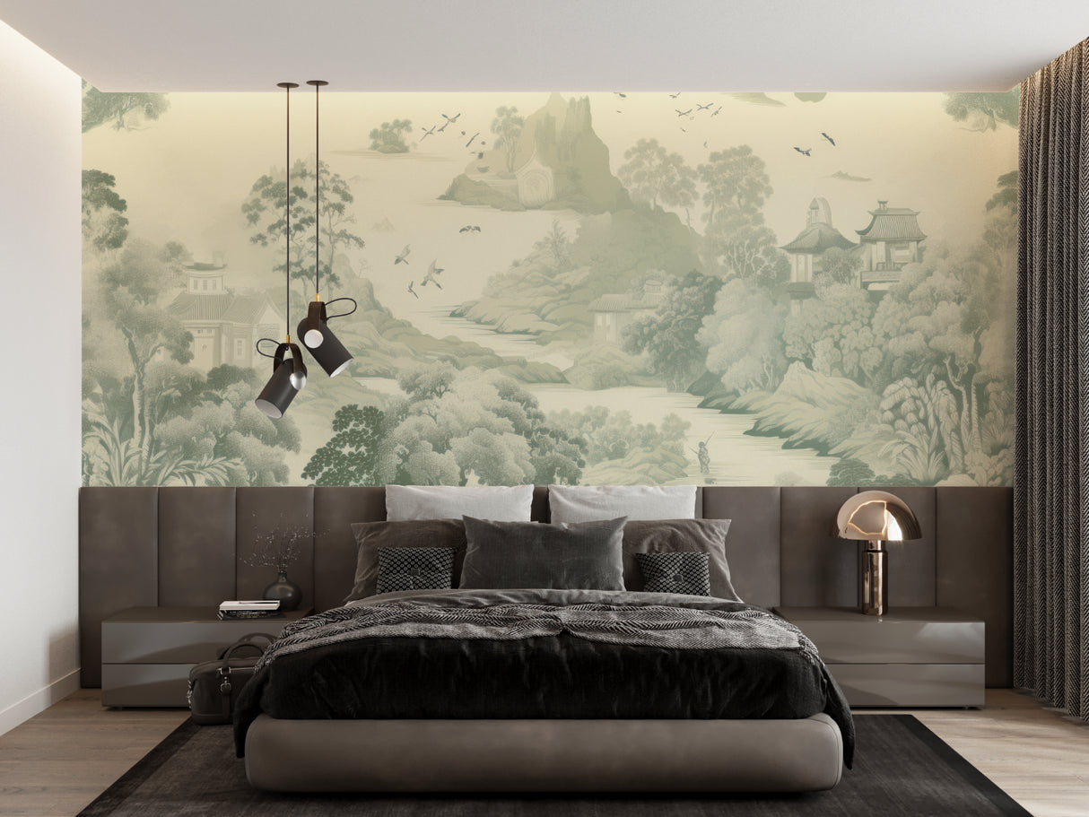 Sage green Japanese landscape wallpaper creating depth in a dining room with wooden furniture