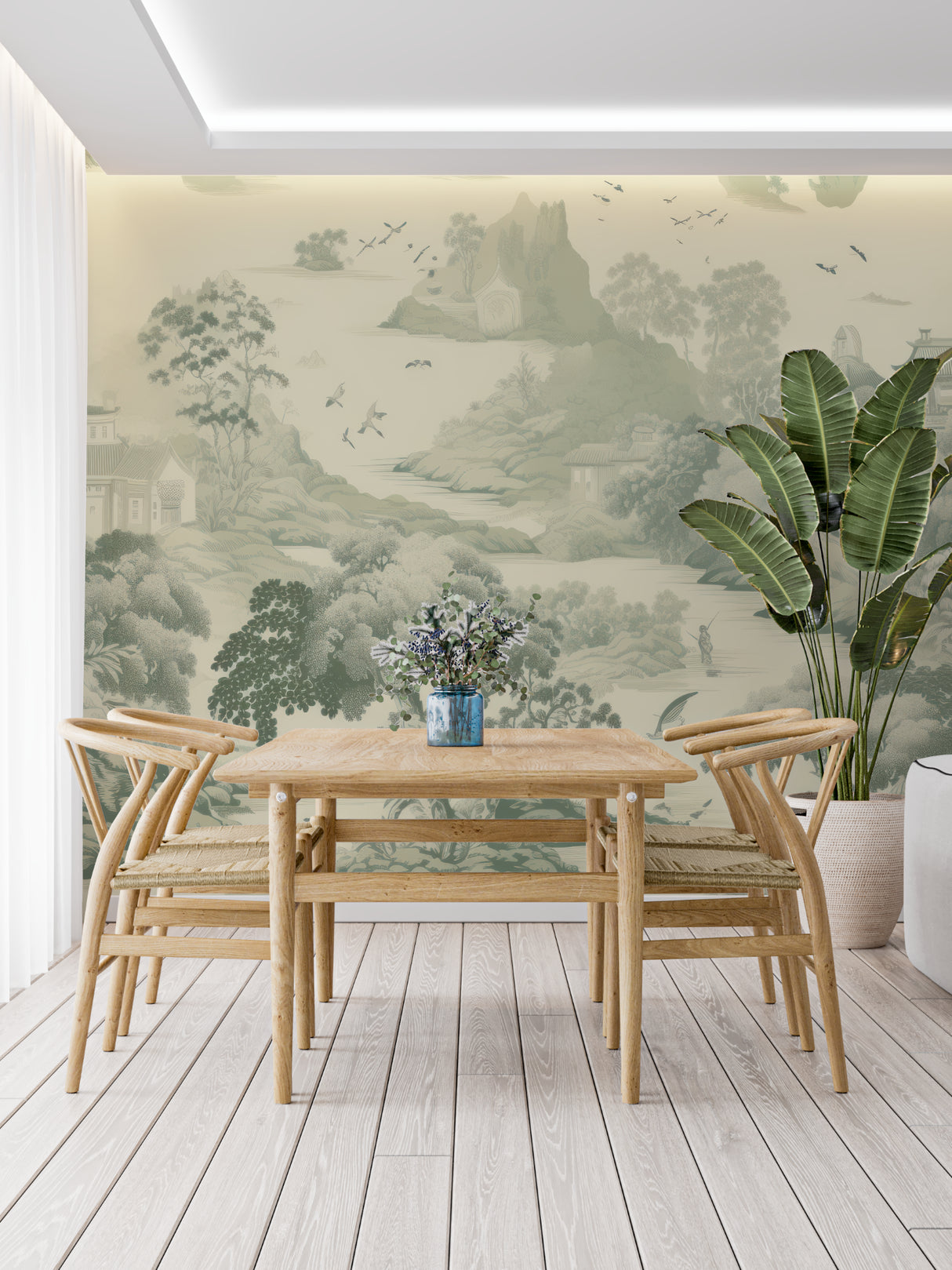 Oriental forest mural in a bedroom setting with soft lighting and neutral decor
