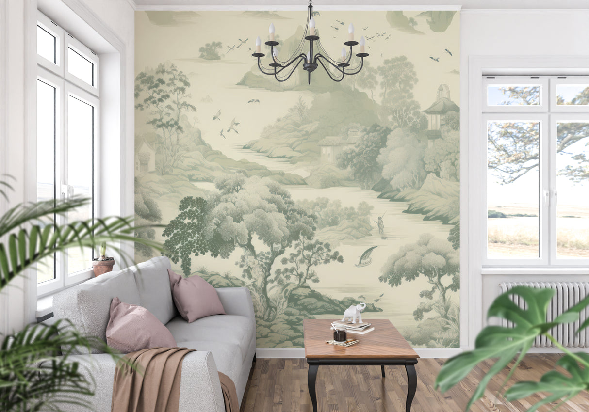 Japanese landscape wallpaper featured in a meditation room with bamboo accents