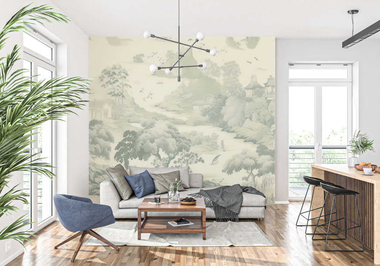 Asian scenic mural bringing nature indoors in a home office space